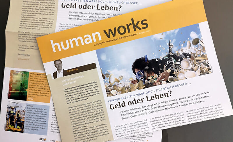 Human Works Ausgabe 2-2019, Arbeitszeitverkürzung, Geld oder Leben